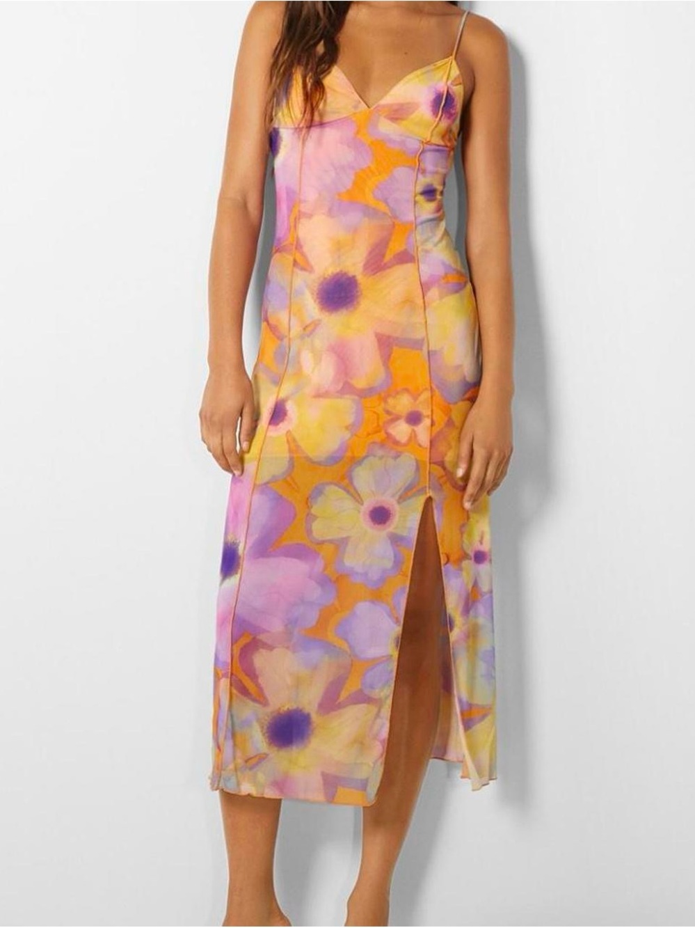 Bershka Yellow & Pink Floral Slip Midi Dress